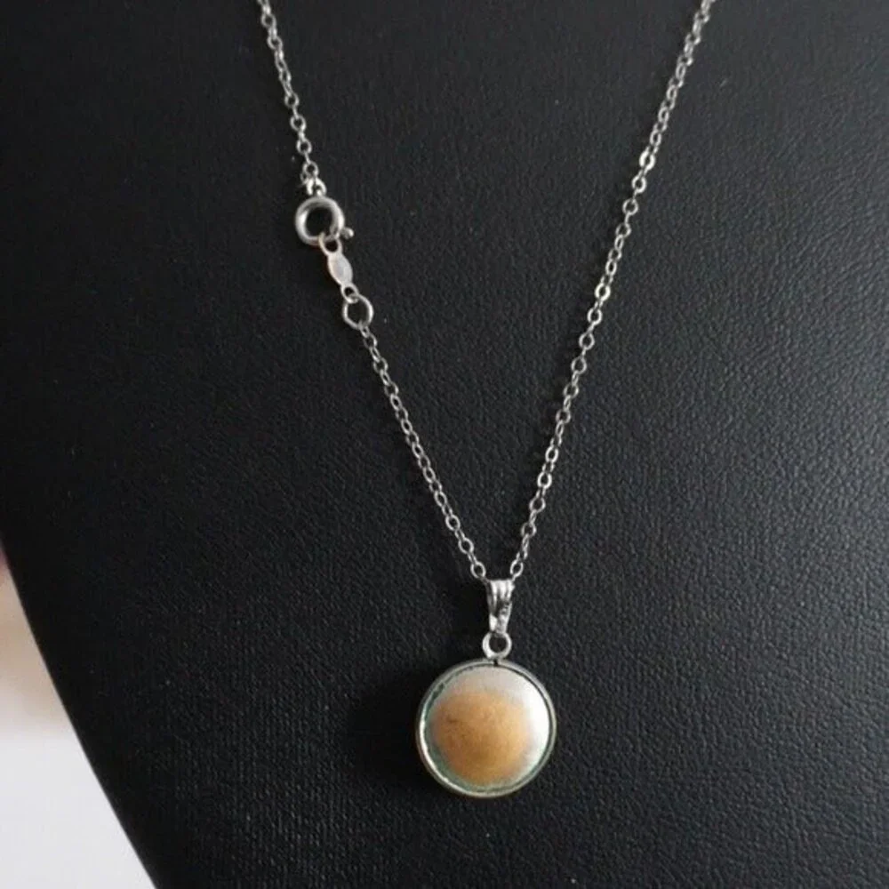 Small Round Pendant Necklace with Center Rhinestone Silver Tone - Picture 4 of 6